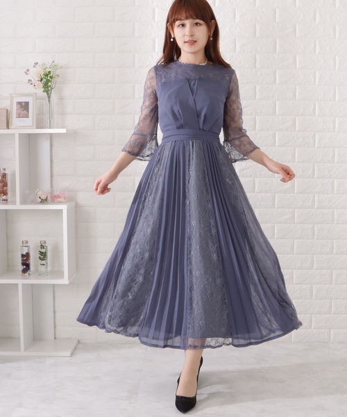 ショルダーレース切り替えシフォンプリーツワンピース【237221638