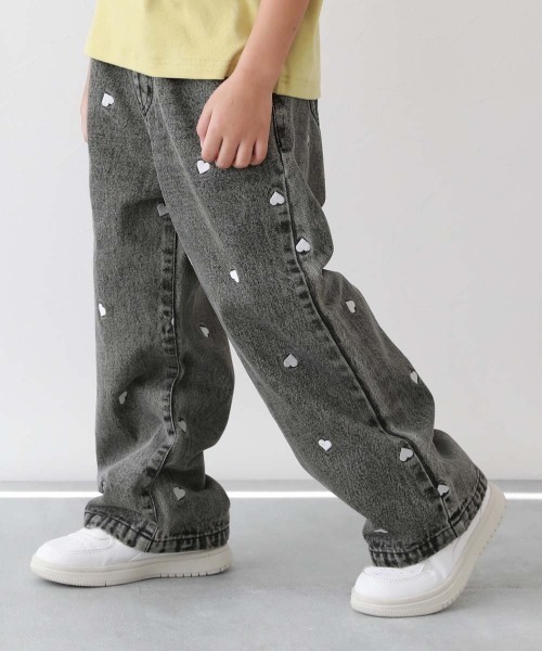 ハートと花がえらべる 刺繍 デニム ワイドパンツ（デニムパンツ