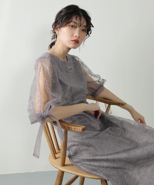 セール】シアー 総レース 袖リボン ハイウエスト Aライン パーティー