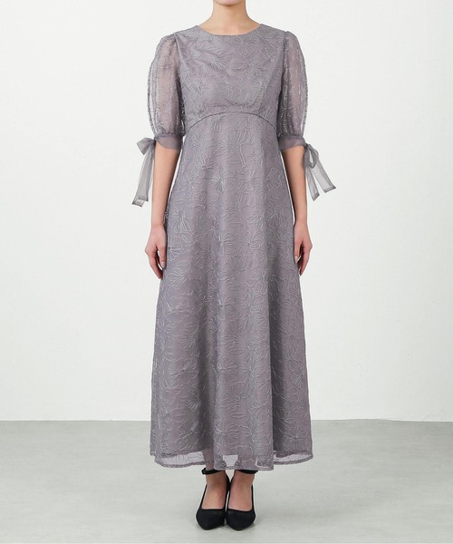 セール】シアー 総レース 袖リボン ハイウエスト Aライン パーティー