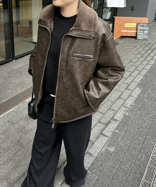 WEB限定追加》フェイクレザーボアブルゾン（ライダースジャケット