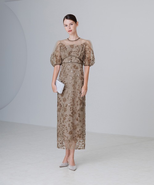 セール】【LEJA】フラワーディテールパフスリーブIラインワンピース