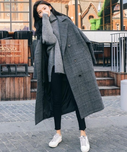 チェック柄ダブルブレストロングコート コレクション チェック柄ダブル
