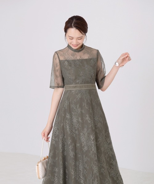セール】【LEJA】ハイネック花柄レースウエストマーク透けロングドレス