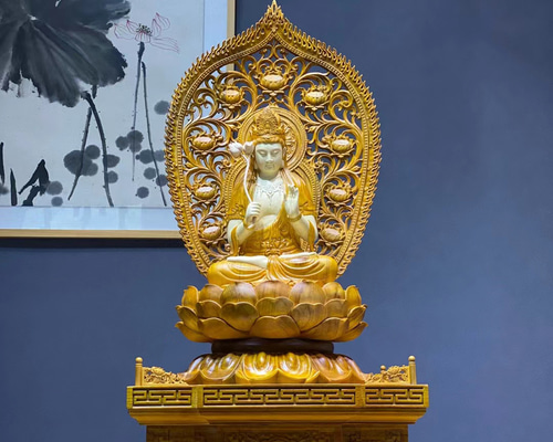 持蓮観音像 観音菩薩座像 仏像 佛像 ＊香樟木 精密彫 彫刻 仏教美術