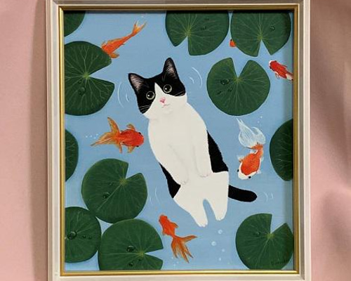 絵画。原画☆キャンバスF10【かわいい猫たちが一緒に香ばしいお風呂に