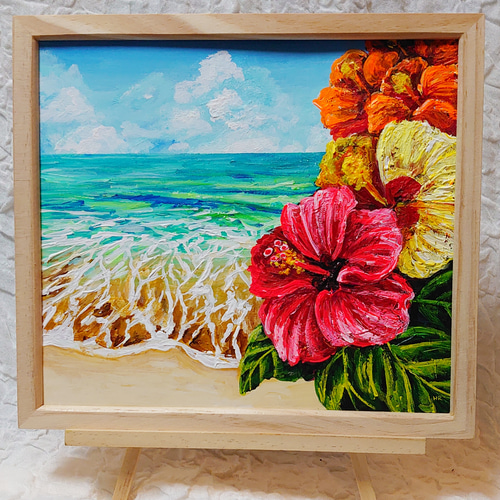 油絵 絵画【海とハイビスカス】 絵画 HR 通販 14514801｜Creema