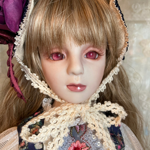 アンティーク ビスクドール用ドレス チョコレート色 布花ボネ付き