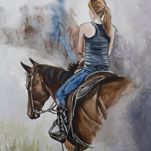 水彩画 愛馬に乗馬する女性の後ろ姿 絵画 makochin 通販 14054959