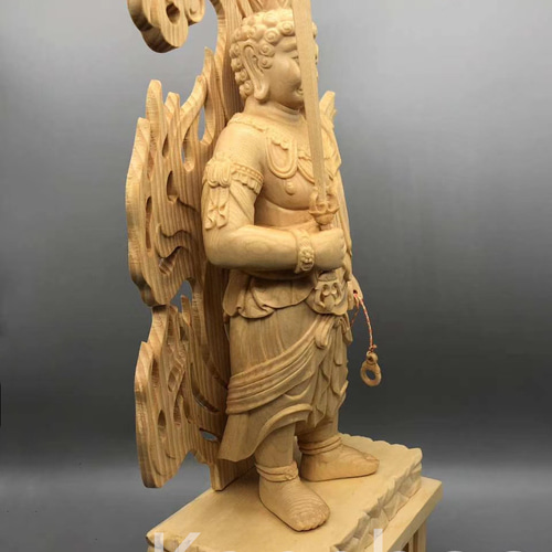 最高級 木彫り 仏像 不動明王立像 一刀彫 天然木檜材 彫刻 仏教工芸