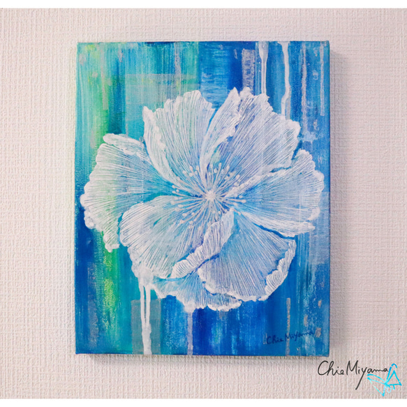 原画 抽象画 ケシの花 ポピー けし 芥子 F3 ターコイズブルー 青