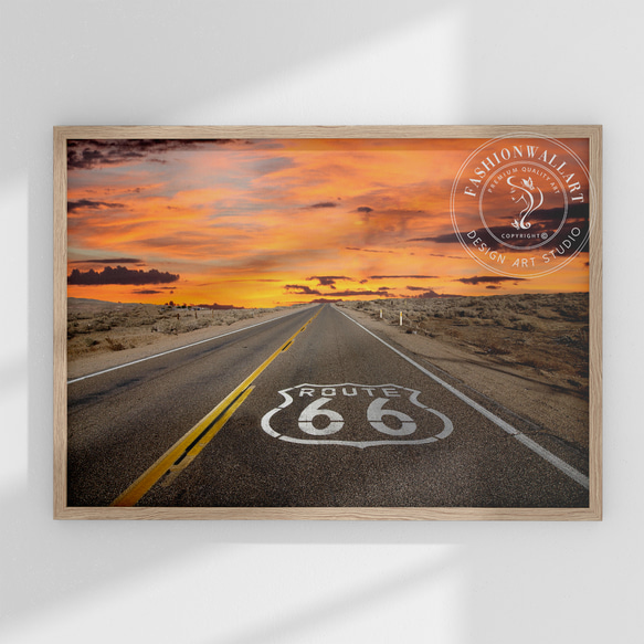 アートポスター アメリカンハイウェイ 夕焼け空 ルート66 砂漠ロード