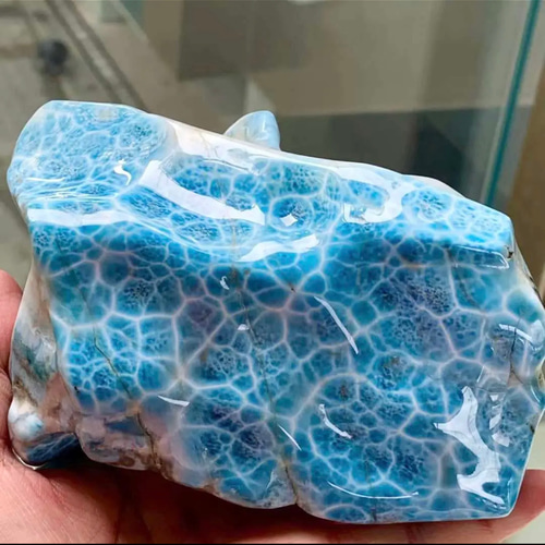 天然無処理 ラリマー 置物(原石) 鑑賞石 ※鑑賞台付き（木造） その他