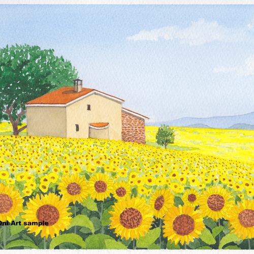 ひまわり畑」透明水彩画 原画 風景画 額縁付 SMサイズ 絵画 Oni 通販