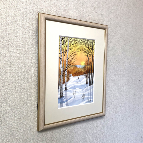 透明水彩画原画「雪原の朝焼け02」額縁付風景画F4サイズ