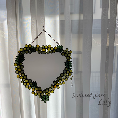 ステンドグラス 「ミモザのハート型ミラー」壁掛け鏡 その他インテリア