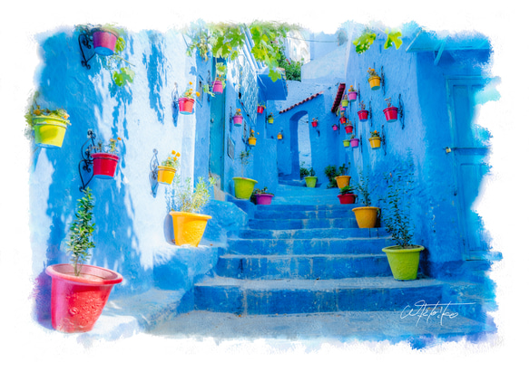 送料無料】絵画調写真作品「モロッコ - シェフシャウエンの青い街