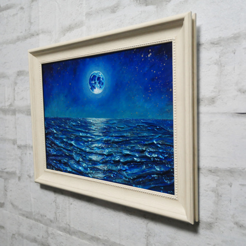 油絵 油彩 油彩画 絵 絵画 【青い満月と輝く海】 絵画 HR 通販
