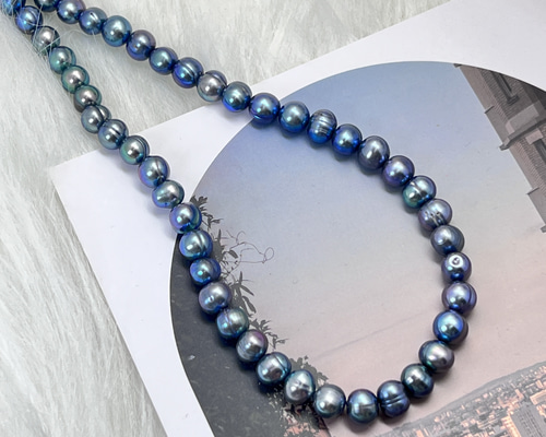 blue.ks】No.3 天然淡水パール×瑪瑙のデザインネックレストップ blue