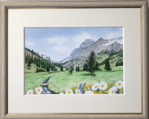 アクリル画 原画 「野花の咲くフィールド05」額縁付き F4サイズ 風景画