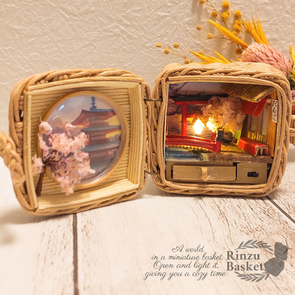 夕暮れの桜 ミニチュア クラフトバンドのバスケット LEDライト付き