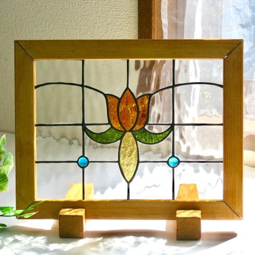 ステンドグラス ＊オレンジのアンティークチューリップの衝立パネル