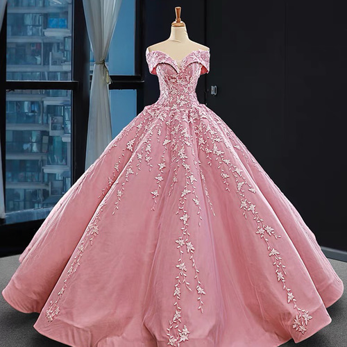 オフショルダー フラワーレース プリンセスドレス ピンク カラードレス