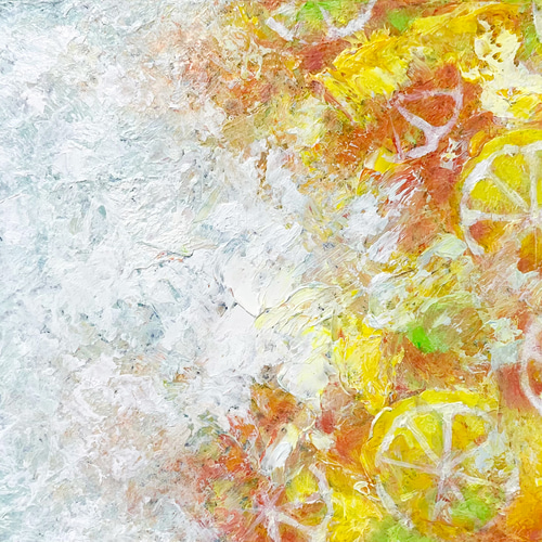 原画 油絵 シトラスの海 額縁付き 柑橘系のアート 抽象画 F0号