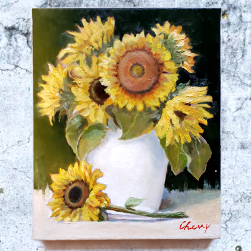 一点物】『 思い出のひまわり 』油絵 油彩 油画 インテリアアート 静物