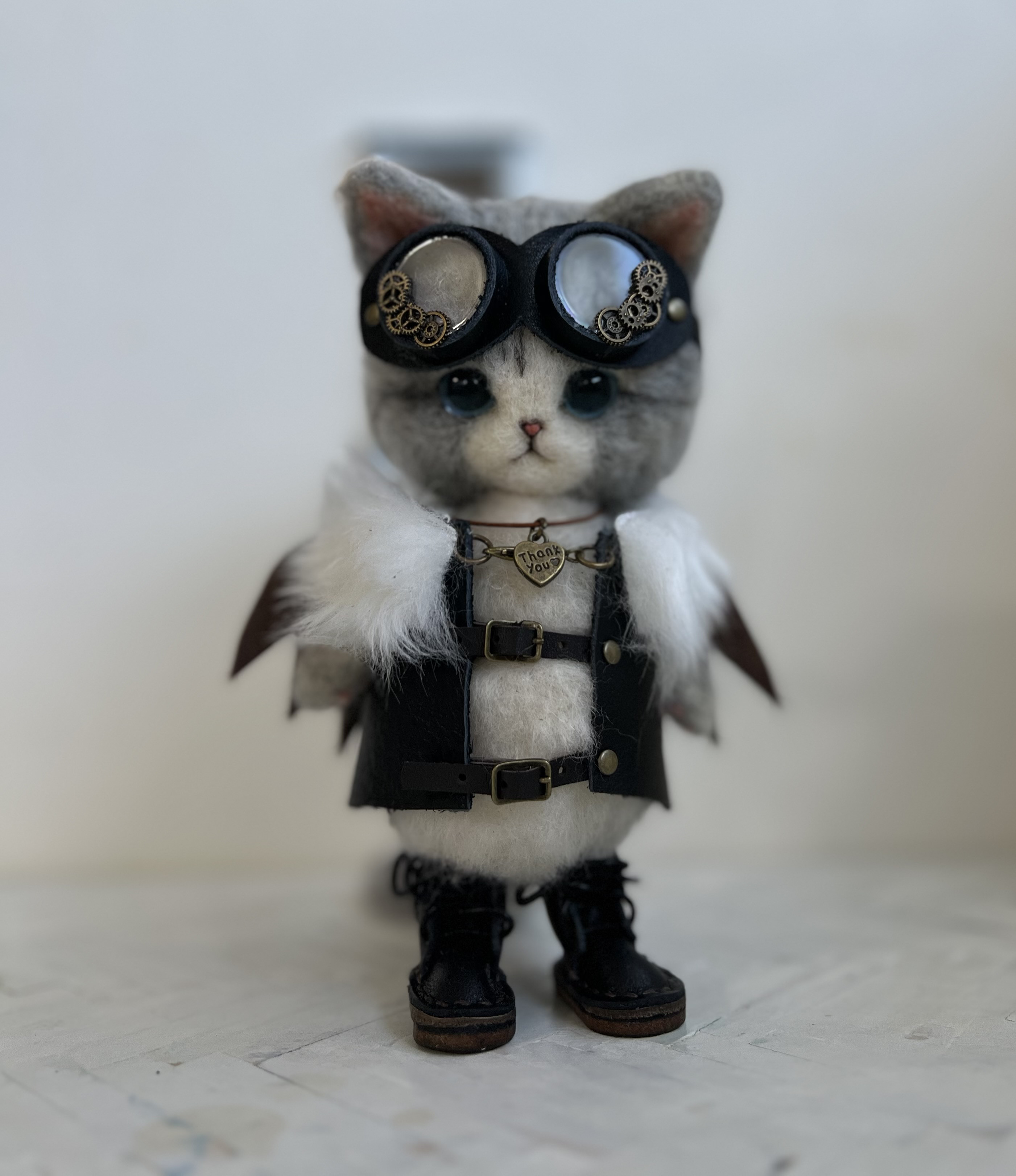 ハンドメイド スチームパンク黒猫 55㎝ ネコ 猫又ぬいぐるみ BIG