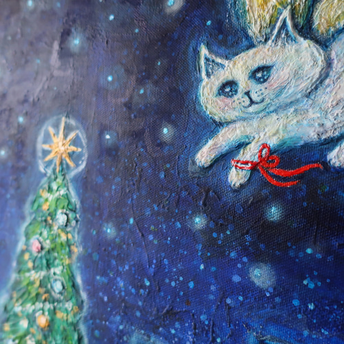 原画「クリスマスに輝く夜の街の空で」 F8号 #絵画 #ねこ #天使猫 #猫