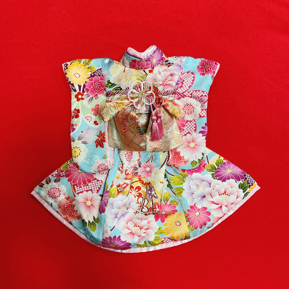 犬の着物✨犬用本格大振袖着物 お引き摺り 水色 正絹 金彩入り 犬服