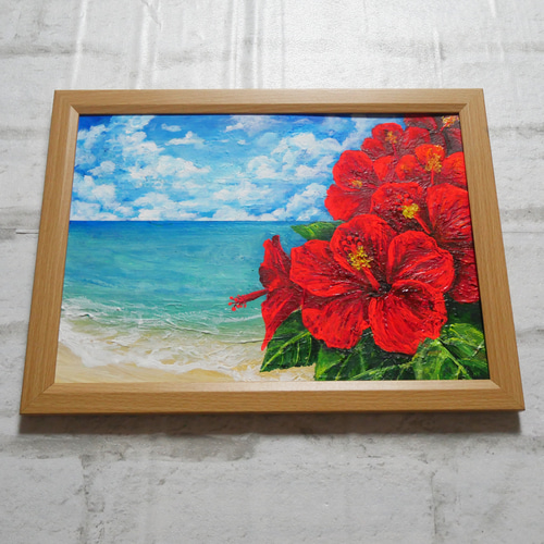 油絵 油彩 油彩画 絵 絵画 【ハイビスカスと海】 絵画 HR 通販