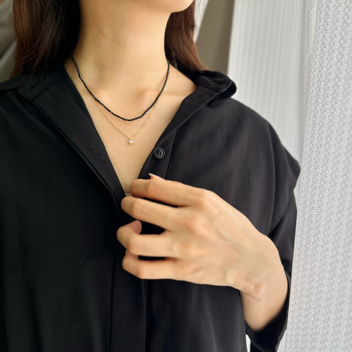 極小ブラックスピネル】ショートネックレス/長さ調節可能/ステンレス