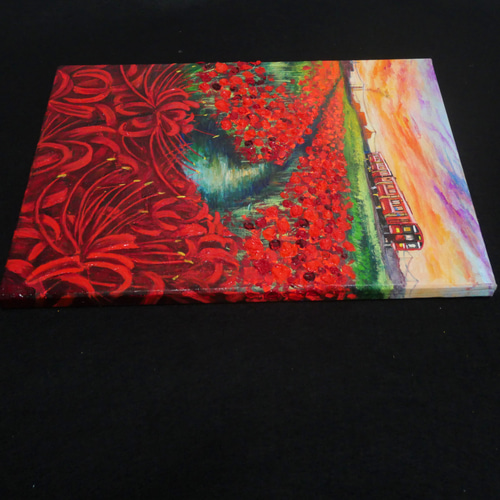 油絵 油彩 油彩画 絵画【彼岸花と赤い電車】 絵画 HR 通販 18394184