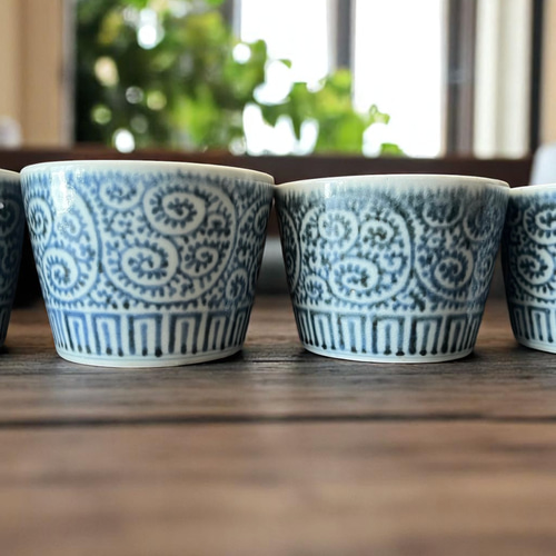 古伊万里染付蛸唐草紋様 蕎麦猪口 4客セット お椀・ボウル・鉢 antique