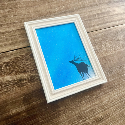 見上げた空」ミニ原画 鹿×星空 青 ちょっとしたスペースに飾れる