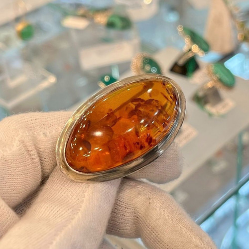 シルバーブローチ 琥珀 シルバー 大粒 シルバー925 楕円型 オレンジ