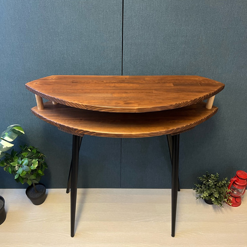 送料無料】 テーブル 三日月形 90cm パイン ウォルナット アイアン