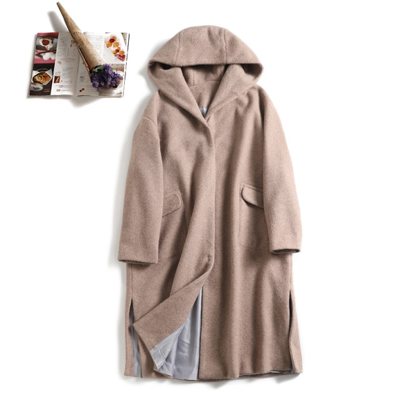 軽くて暖かいウールコート フードデザインロングコート ミルクティー