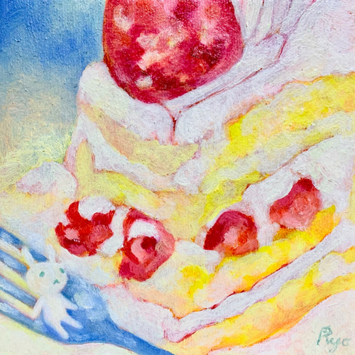 原画 油絵 スウィートタイム 苺ショートとうさぎのアート 抽象画 150