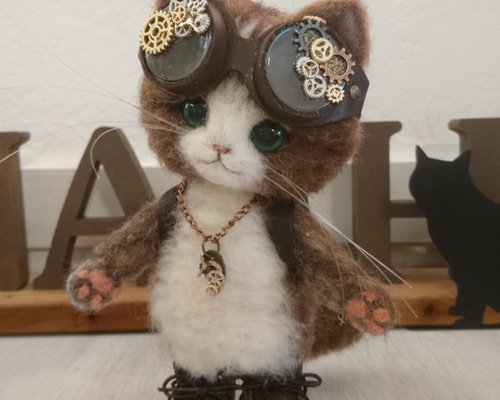 ハンドメイドスチームパンク黒猫55㎝ネコ猫又ぬいぐるみBIG