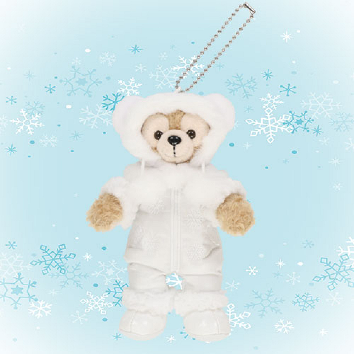 ダッフィーぬいぐるみバッジ（ホワイト・ウィンタータイム・ワンダーズ