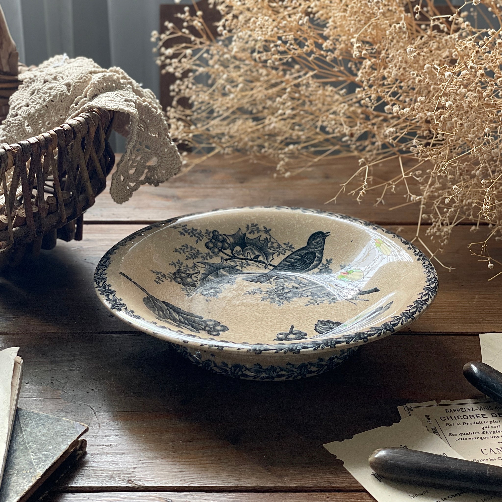 青い鳥の絵柄が可愛いコンポティエ（高さ5cm） フランスアンティーク