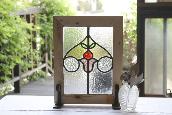 赤とピンクの花模様のステンドグラス イギリスアンティーク(住宅窓