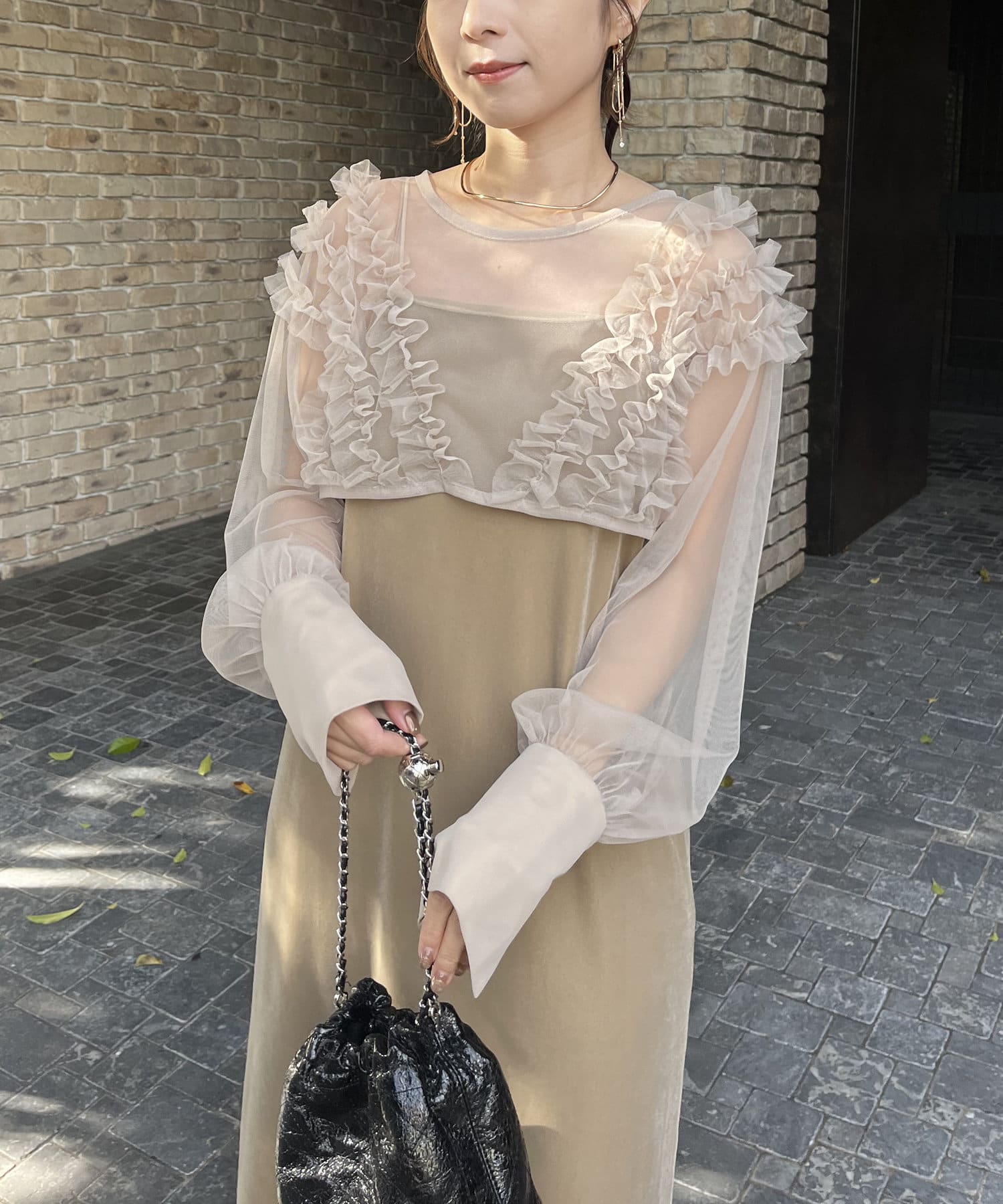 オケージョン】【サイズ展開あり】チュールフリルベロアワンピース