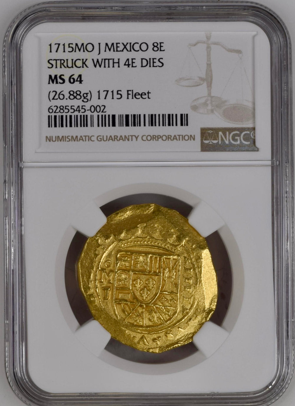 1715年 メキシコ8エスクード金貨 “沈没船金貨” COBコイン(NGC/MS64