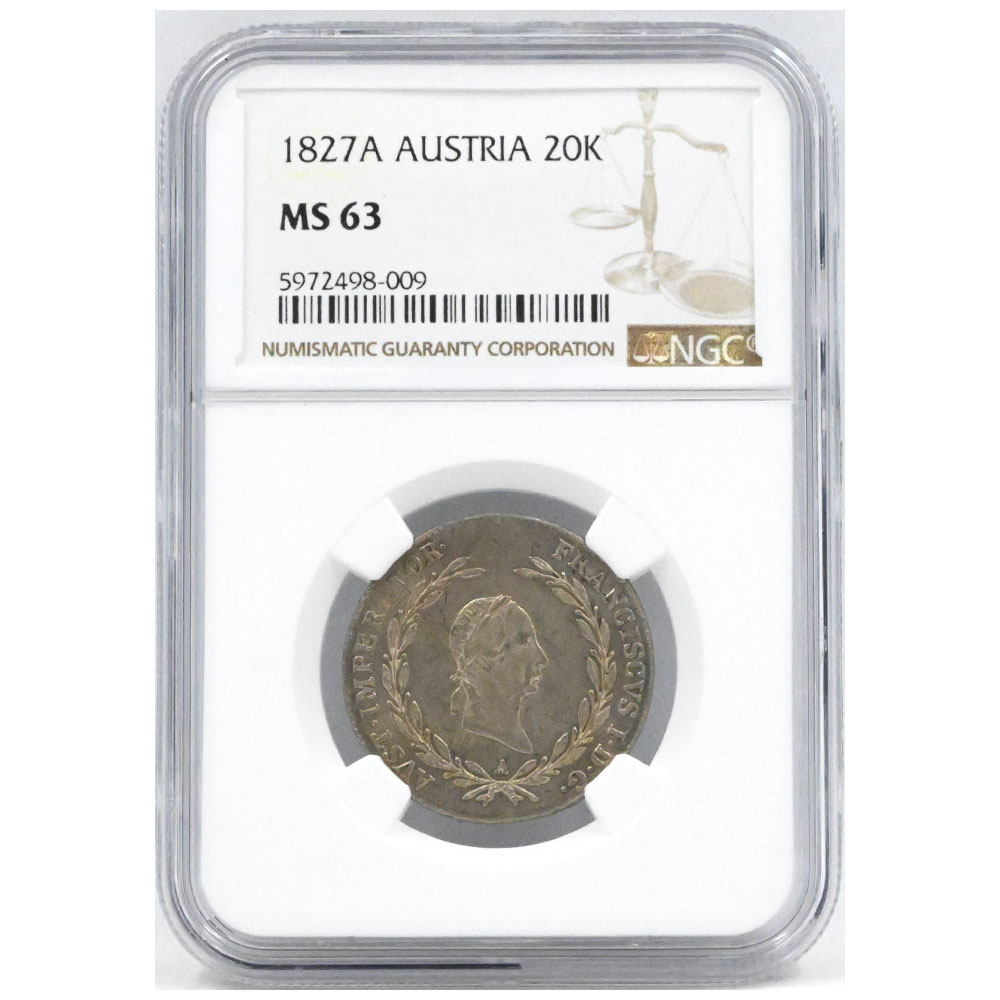 オーストリア 1827A フランツ1世 20クロイツァー 銀貨 NGC MS63 5972498009