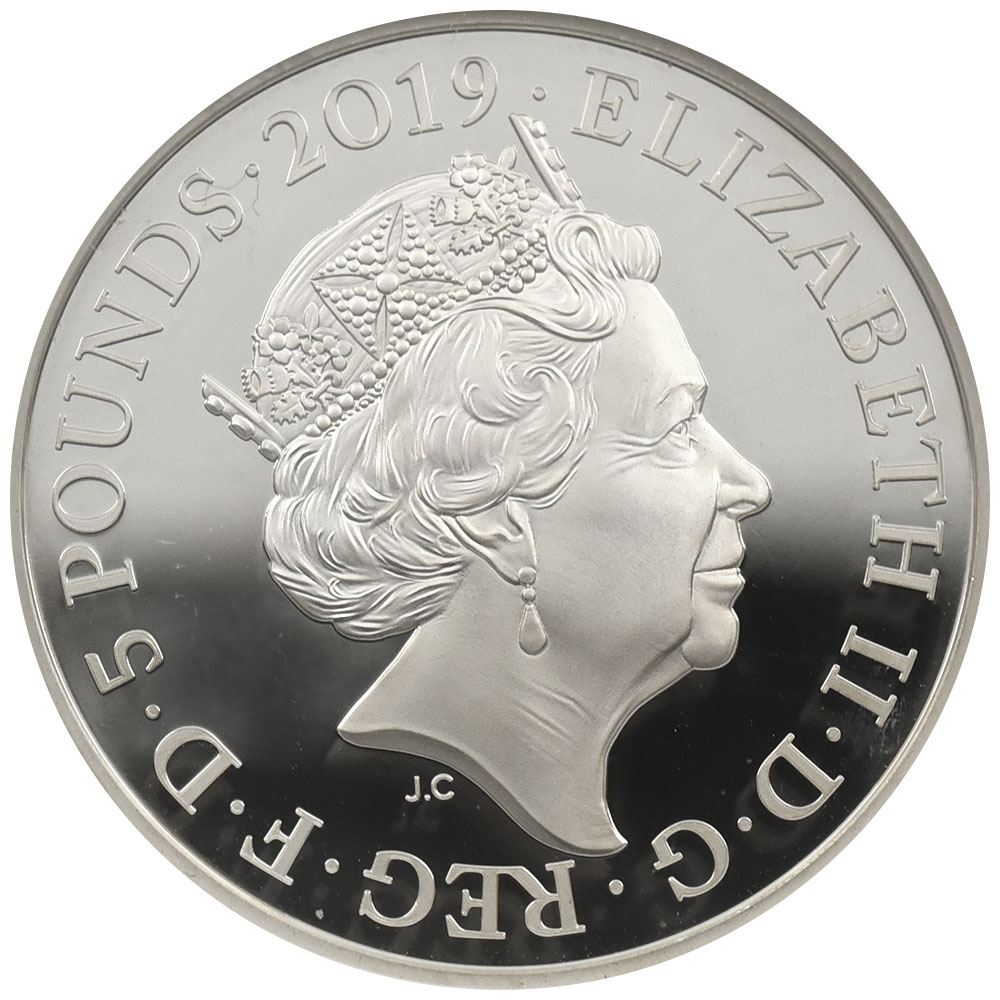 イギリス 2019 エリザベス2世 5ポンド ピエフォー銀貨 NGC PF 70