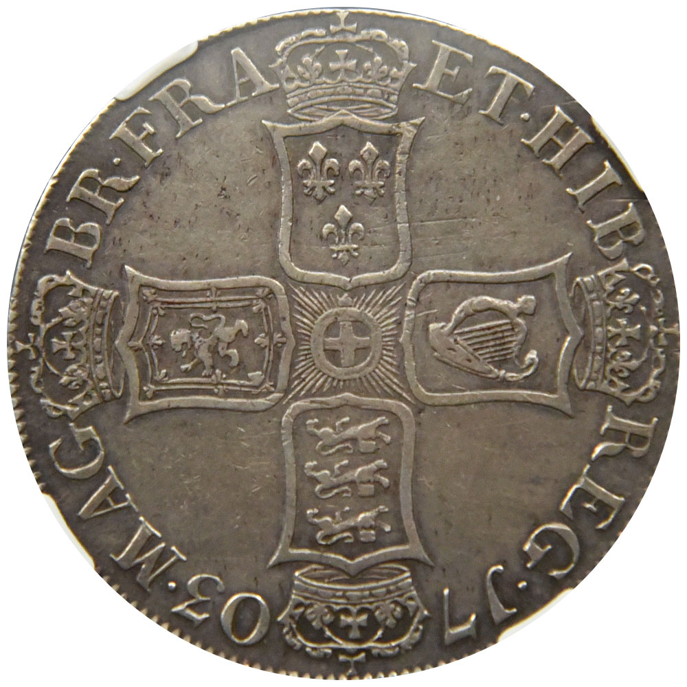 イングランド 1703 アン女王 クラウン 銀貨 NGC XF45 VIGO 4535550032